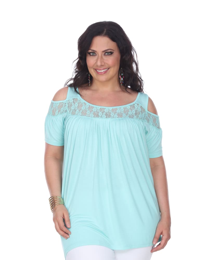 Front of a model wearing a size 4X Bexley Lace Tunic Top in Mint by White Mark. | dia_product_style_image_id:257468